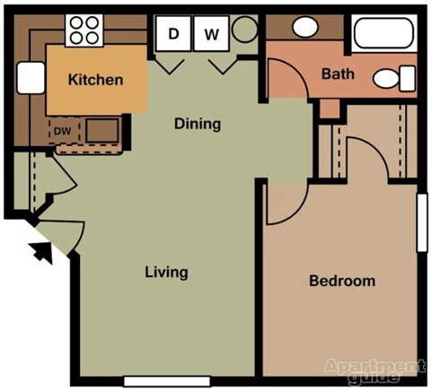 Floor plan for 1 bed, 1 bath, 673 sqft